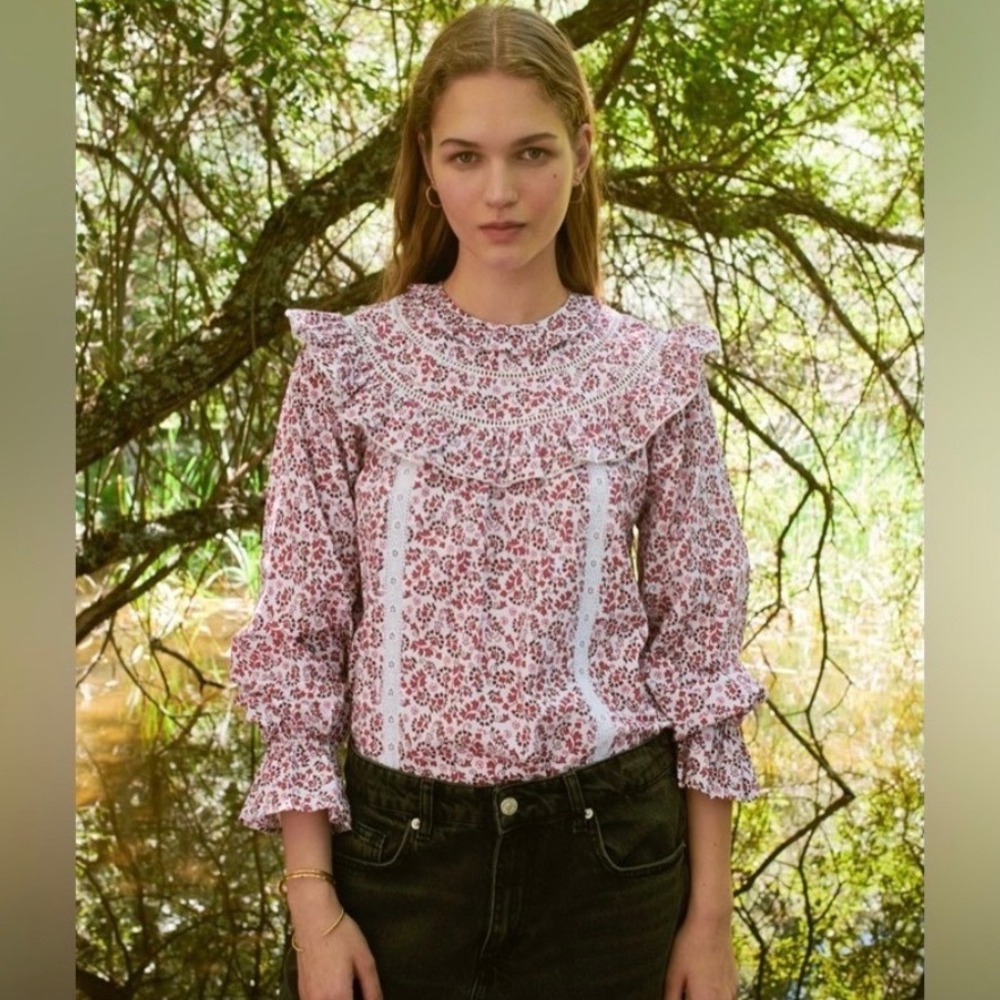 Sonmer Carmen Floral Blouse Wmn L Red Pink Cottagecore Ruffle Eyelet Cotton Top